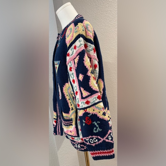 Vintage Together! Colorful Navy Knit Embroidered Cardigan Sweater w/ Pockets - Picture 8 of 15